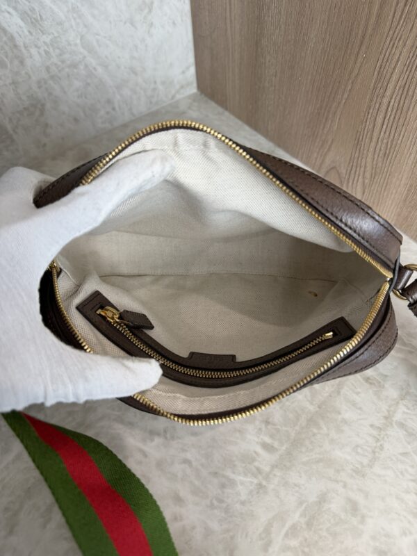 Gucci Monogram Jumbo GG Textured Dollar Calfskin Web Messenger Shoulder Bag Camel Ebony New Acero