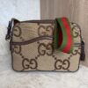 Gucci Monogram Jumbo GG Textured Dollar Calfskin Web Messenger Shoulder Bag Camel Ebony New Acero