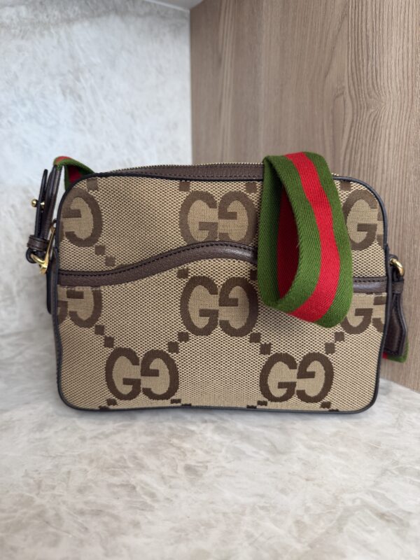 Gucci Monogram Jumbo GG Textured Dollar Calfskin Web Messenger Shoulder Bag Camel Ebony New Acero