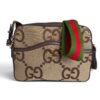 Gucci Monogram Jumbo GG Textured Dollar Calfskin Web Messenger Shoulder Bag Camel Ebony New Acero