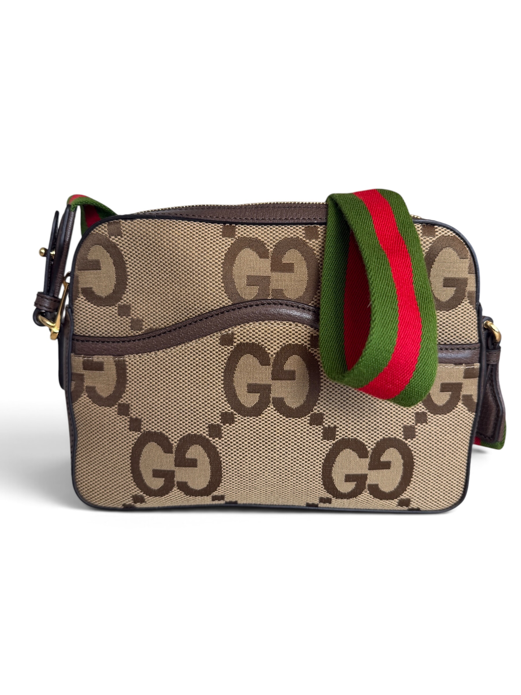 Gucci Monogram Jumbo GG Textured Dollar Calfskin Web Messenger Shoulder Bag Camel Ebony New Acero