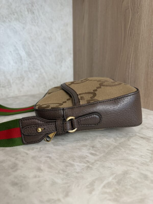 Gucci Monogram Jumbo GG Textured Dollar Calfskin Web Messenger Shoulder Bag Camel Ebony New Acero
