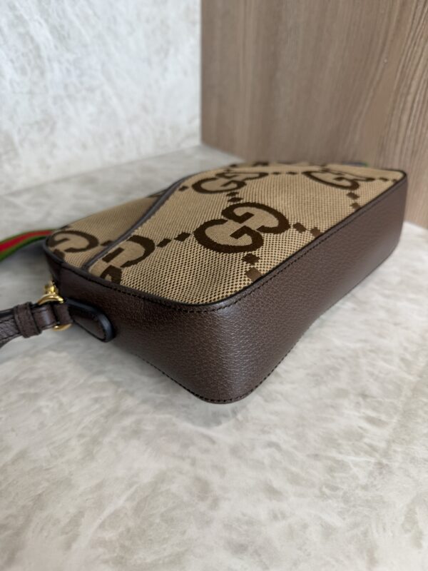 Gucci Monogram Jumbo GG Textured Dollar Calfskin Web Messenger Shoulder Bag Camel Ebony New Acero