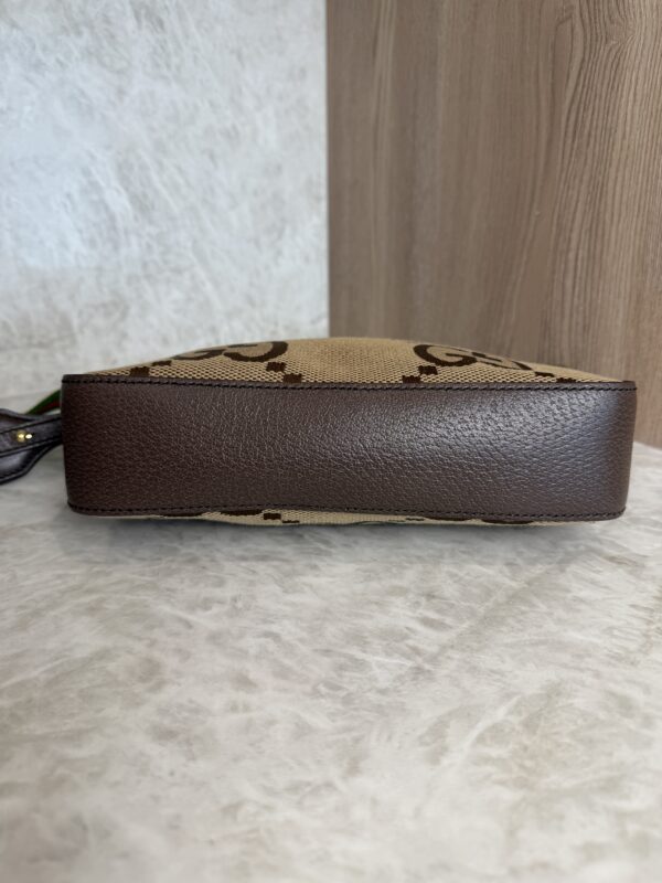 Gucci Monogram Jumbo GG Textured Dollar Calfskin Web Messenger Shoulder Bag Camel Ebony New Acero