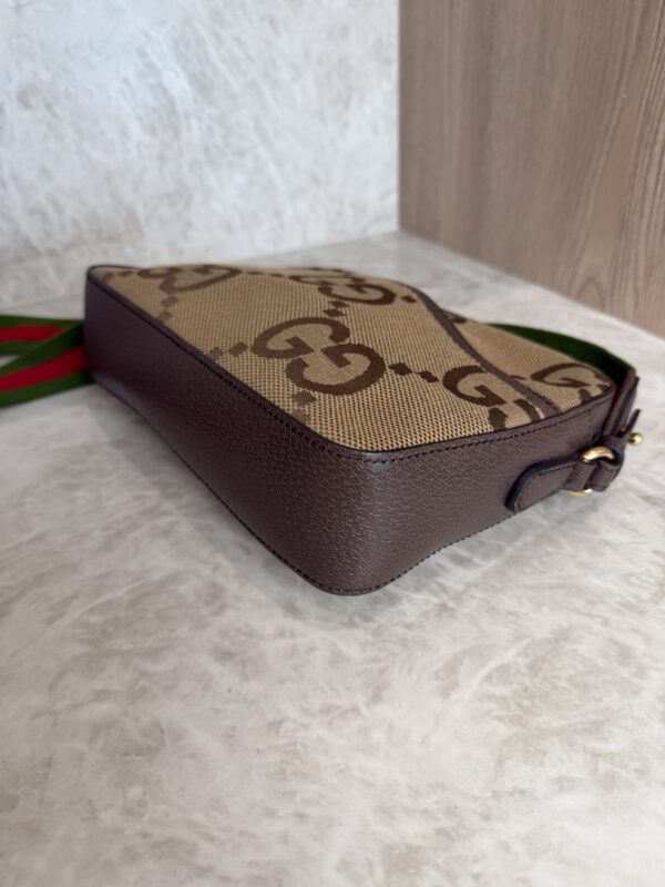 Gucci Monogram Jumbo GG Textured Dollar Calfskin Web Messenger Shoulder Bag Camel Ebony New Acero