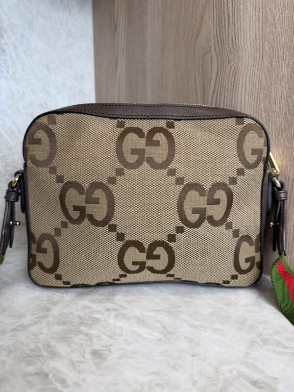 Gucci Monogram Jumbo GG Textured Dollar Calfskin Web Messenger Shoulder Bag Camel Ebony New Acero