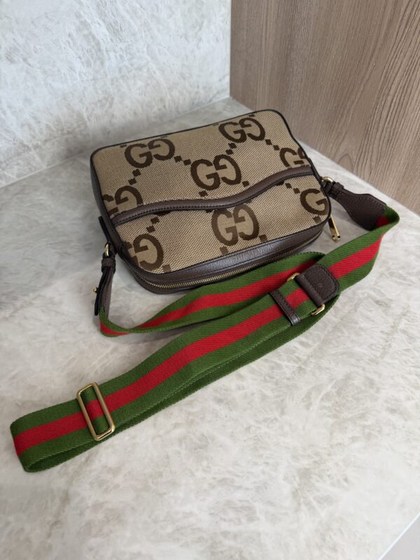 Gucci Monogram Jumbo GG Textured Dollar Calfskin Web Messenger Shoulder Bag Camel Ebony New Acero