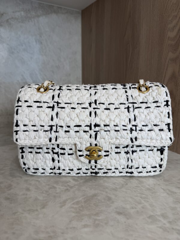 Chanel Raffia Effect Medium Tweedy Flap Bag Black White