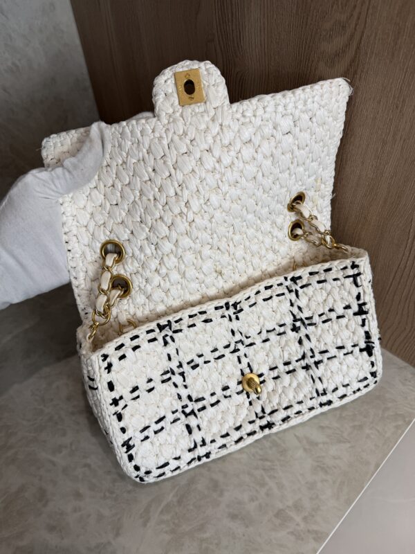 Chanel Raffia Effect Medium Tweedy Flap Bag Black White