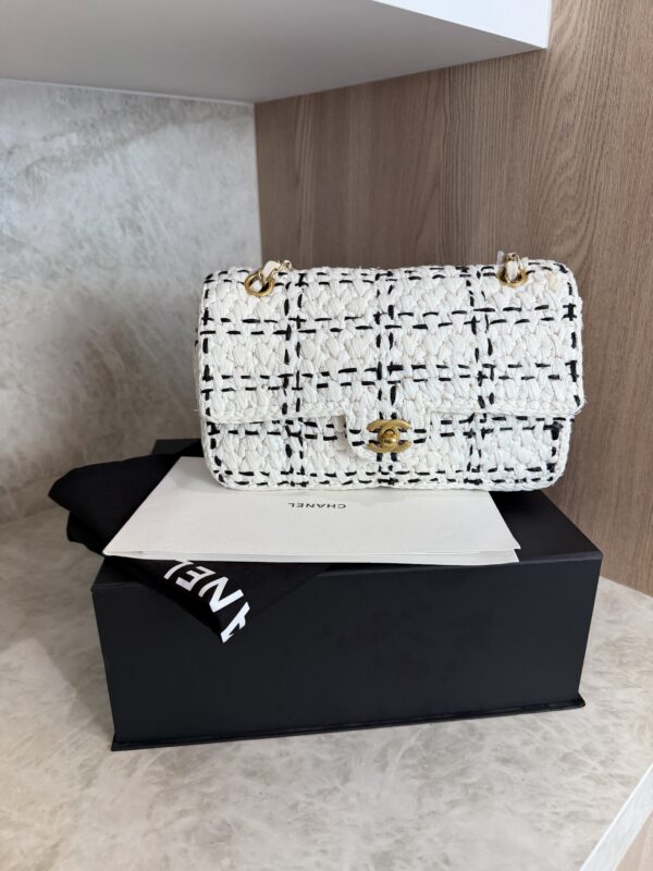 Chanel Raffia Effect Medium Tweedy Flap Bag Black White