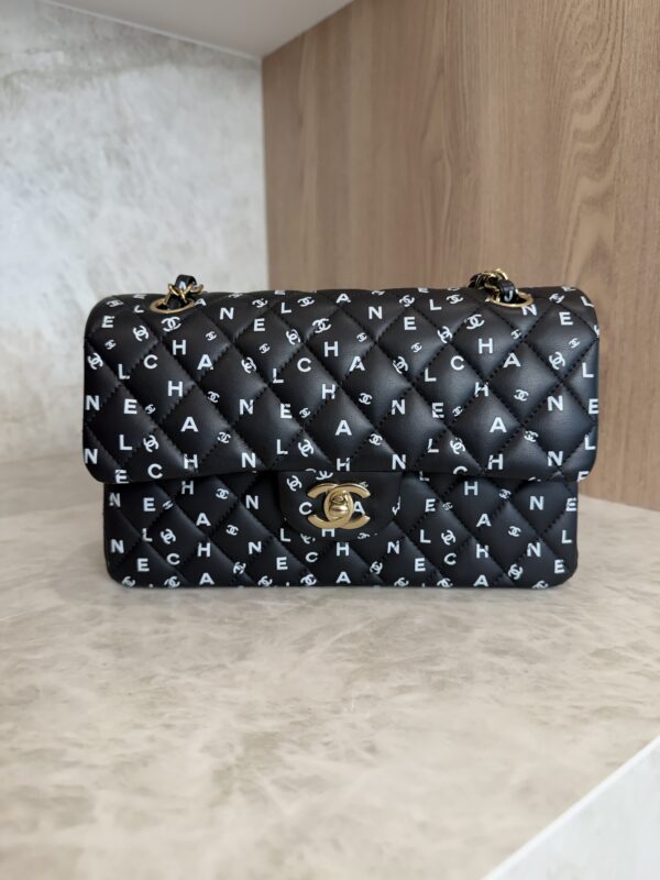 Chanel Small Classic Double Logo Printed Flap Bag Black, White Calfskin Gold Hardware