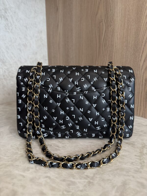 Chanel Small Classic Double Logo Printed Flap Bag Black, White Calfskin Gold Hardware