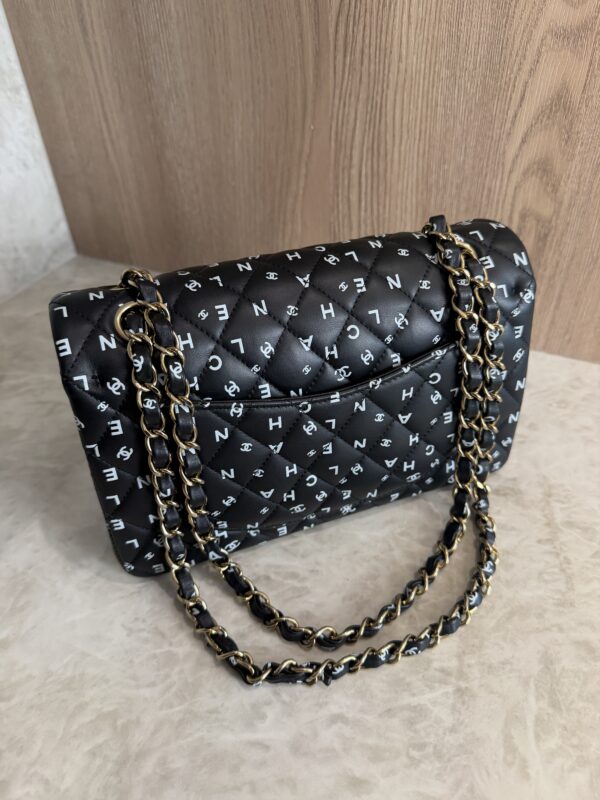 Chanel Small Classic Double Logo Printed Flap Bag Black, White Calfskin Gold Hardware