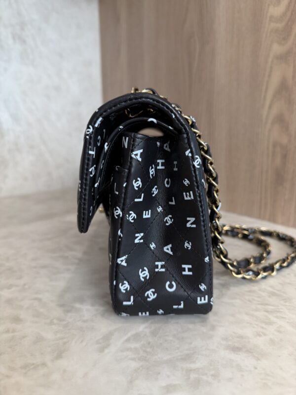 Chanel Small Classic Double Logo Printed Flap Bag Black, White Calfskin Gold Hardware