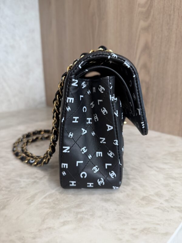 Chanel Small Classic Double Logo Printed Flap Bag Black, White Calfskin Gold Hardware
