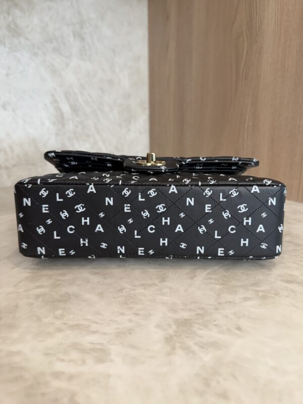 Chanel Small Classic Double Logo Printed Flap Bag Black, White Calfskin Gold Hardware