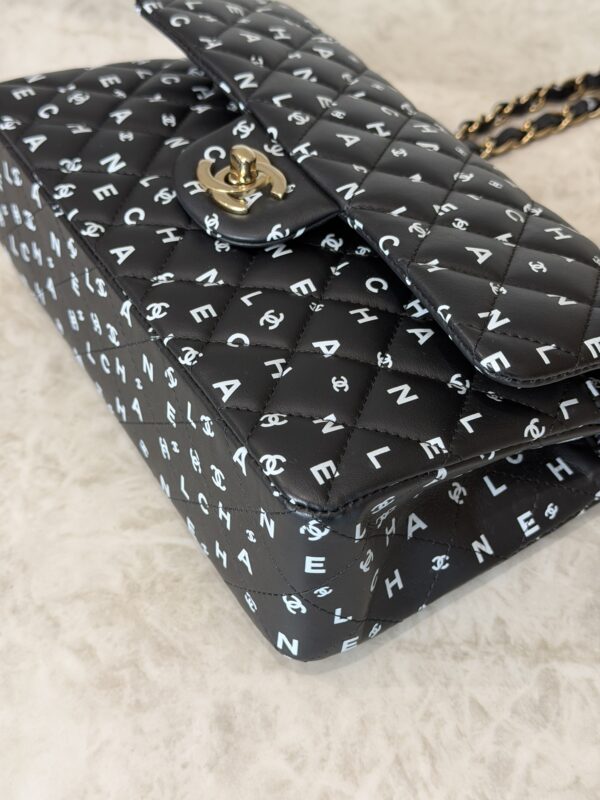 Chanel Small Classic Double Logo Printed Flap Bag Black, White Calfskin Gold Hardware