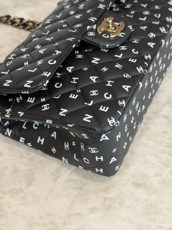 Chanel Small Classic Double Logo Printed Flap Bag Black, White Calfskin Gold Hardware