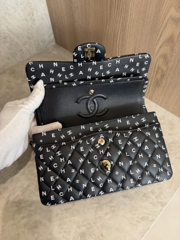 Chanel Small Classic Double Logo Printed Flap Bag Black, White Calfskin Gold Hardware
