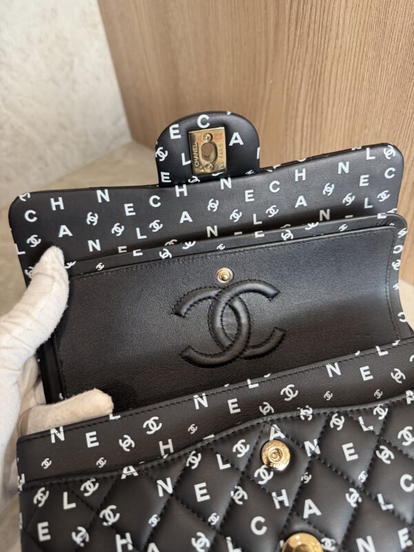 Chanel Small Classic Double Logo Printed Flap Bag Black, White Calfskin Gold Hardware