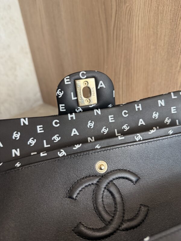 Chanel Small Classic Double Logo Printed Flap Bag Black, White Calfskin Gold Hardware