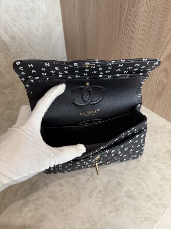 Chanel Small Classic Double Logo Printed Flap Bag Black, White Calfskin Gold Hardware