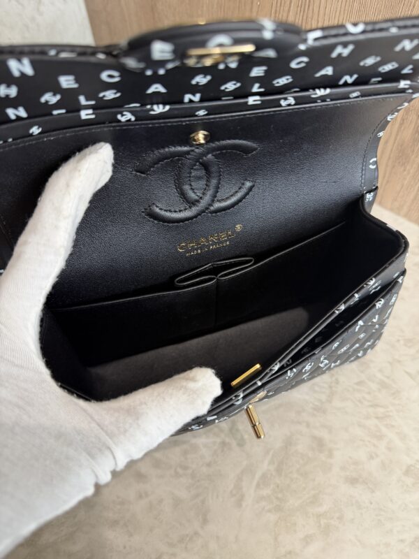 Chanel Small Classic Double Logo Printed Flap Bag Black, White Calfskin Gold Hardware