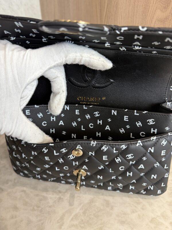 Chanel Small Classic Double Logo Printed Flap Bag Black, White Calfskin Gold Hardware