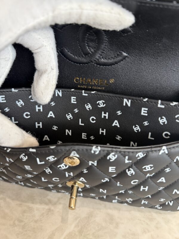 Chanel Small Classic Double Logo Printed Flap Bag Black, White Calfskin Gold Hardware
