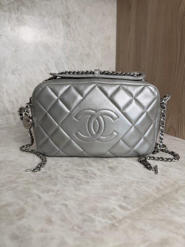 Chanel Metallic Calfskin Quilted Small Ballerine Camera Case Grey