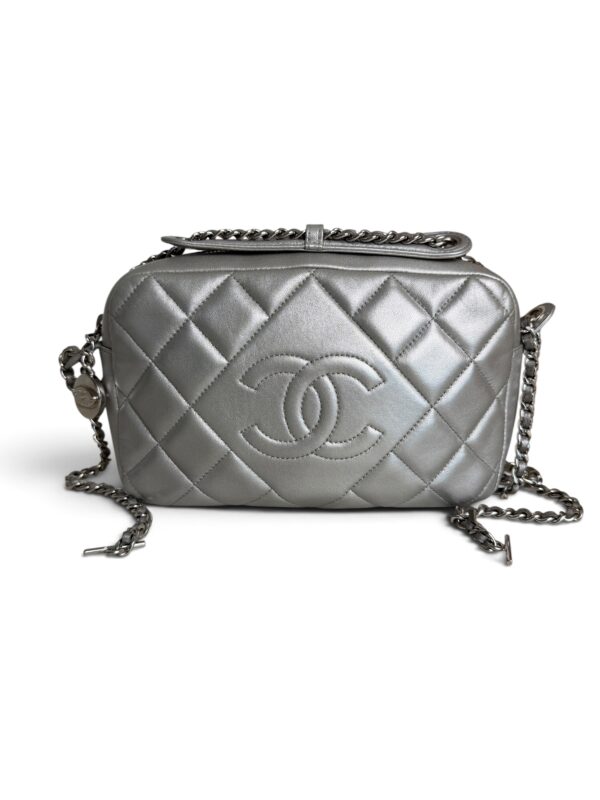 Chanel Metallic Calfskin Quilted Small Ballerine Camera Case Grey