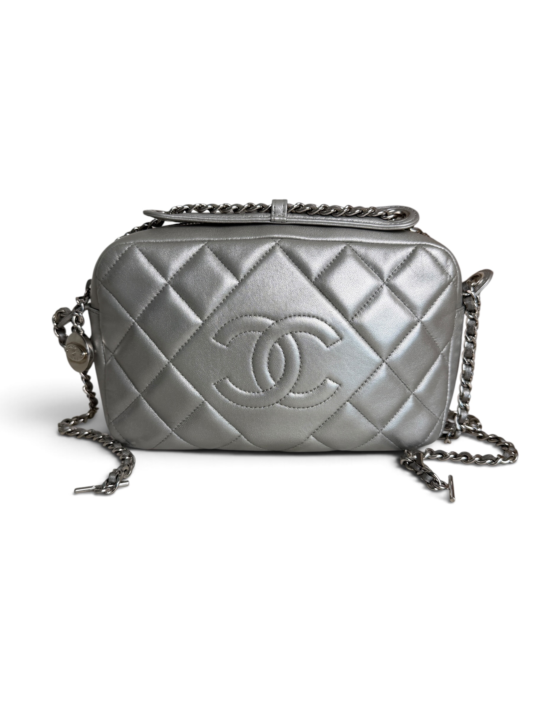 Chanel Metallic Calfskin Quilted Small Ballerine Camera Case Grey
