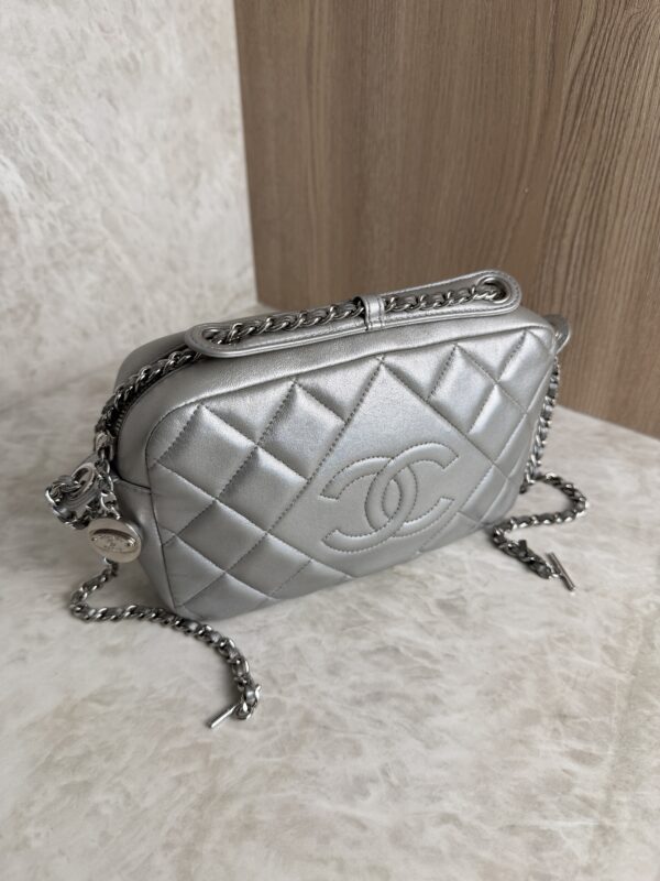 Chanel Metallic Calfskin Quilted Small Ballerine Camera Case Grey