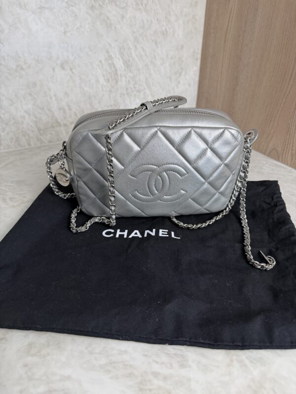 Chanel Metallic Calfskin Quilted Small Ballerine Camera Case Grey