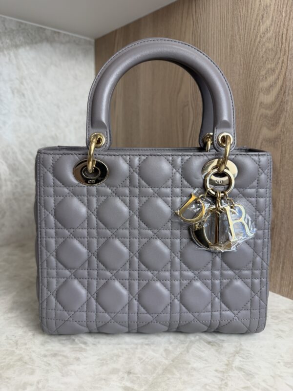 Christian Dior Lambskin Cannage Medium Lady Dior Grey Gold Hardware
