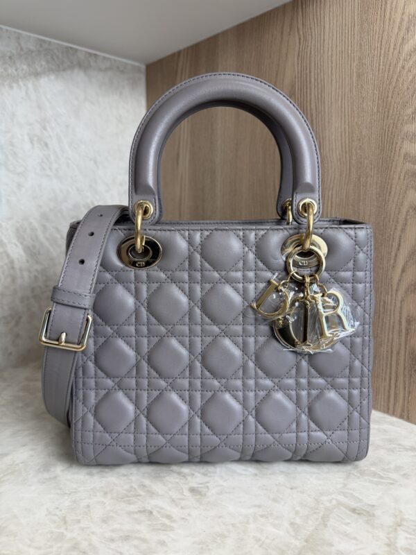 Christian Dior Lambskin Cannage Medium Lady Dior Grey Gold Hardware
