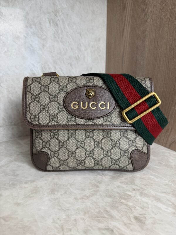 Gucci GG Supreme Monogram Web Neo Vintage Double Flap Messenger Bag Beige New Acero