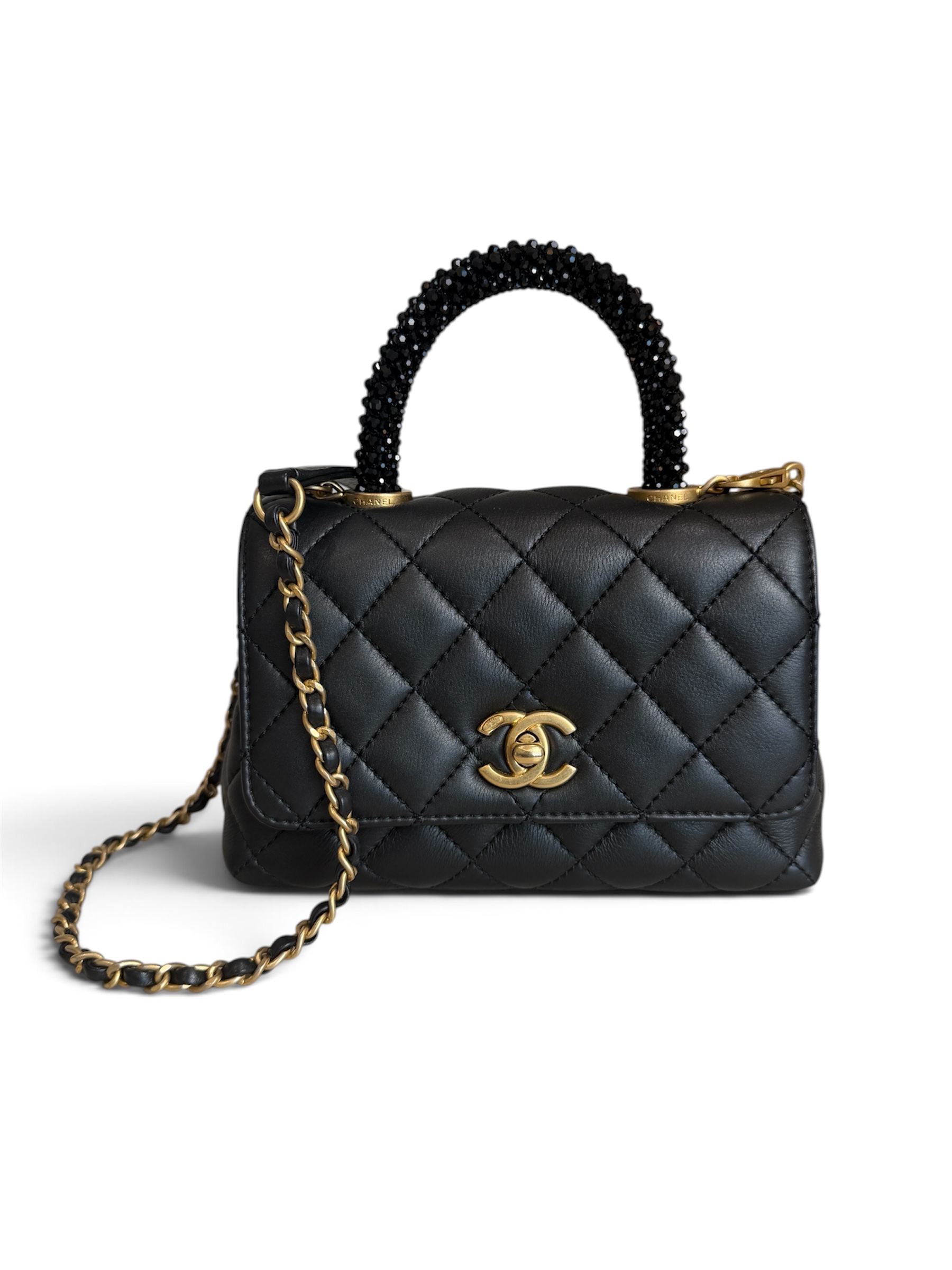 Chanel Calfskin Crystal Quilted Extra Mini Coco Handle Flap Black