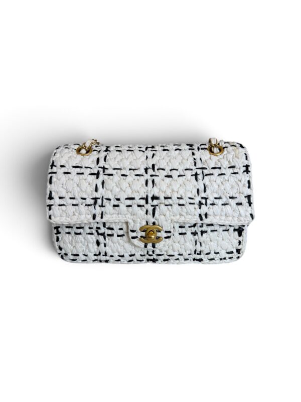 Chanel Raffia Effect Medium Tweedy Flap Bag Black White