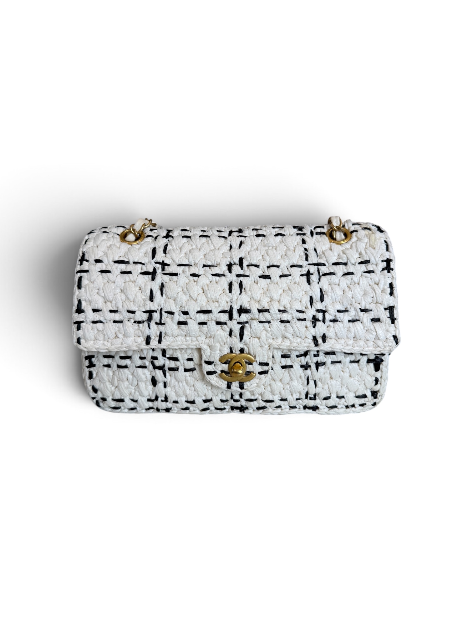 Chanel Raffia Effect Medium Tweedy Flap Bag Black White