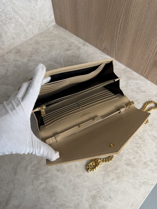 Saint Laurent Large Envelope Quilted Leather Chain Wallet Beige and Gold Hardware