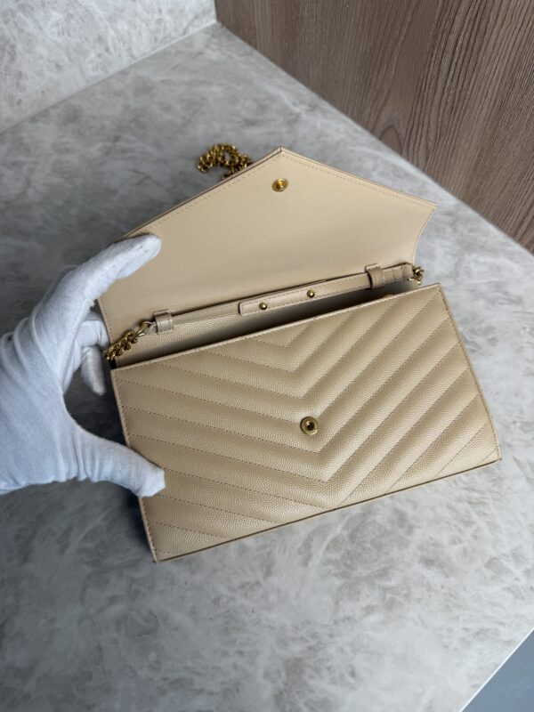 Saint Laurent Large Envelope Quilted Leather Chain Wallet Beige and Gold Hardware