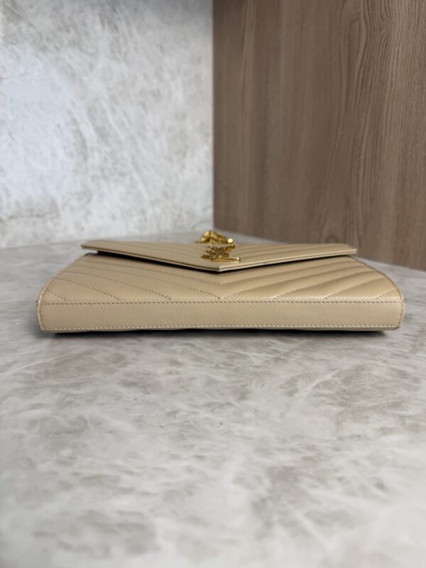 Saint Laurent Large Envelope Quilted Leather Chain Wallet Beige and Gold Hardware