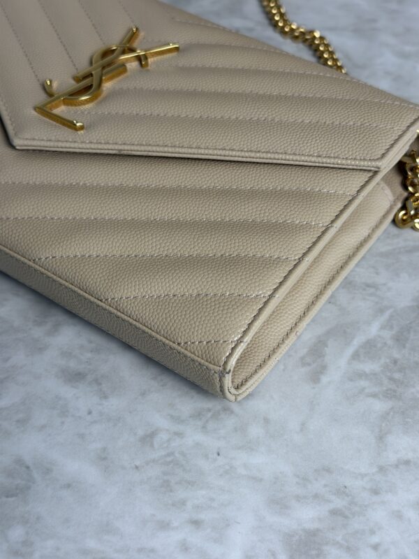 Saint Laurent Large Envelope Quilted Leather Chain Wallet Beige and Gold Hardware