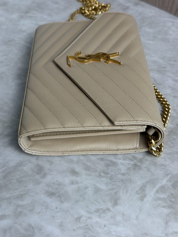 Saint Laurent Large Envelope Quilted Leather Chain Wallet Beige and Gold Hardware