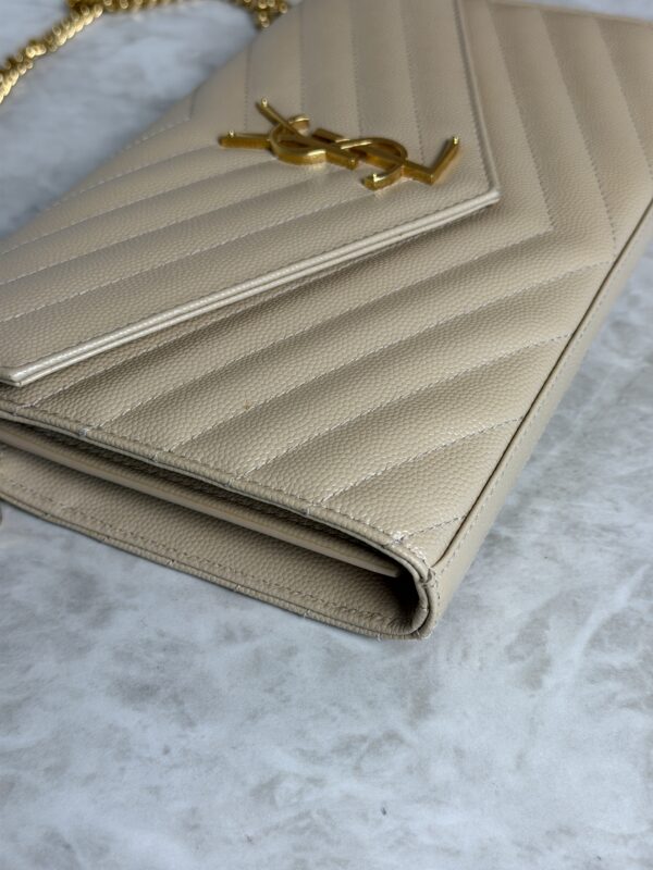 Saint Laurent Large Envelope Quilted Leather Chain Wallet Beige and Gold Hardware