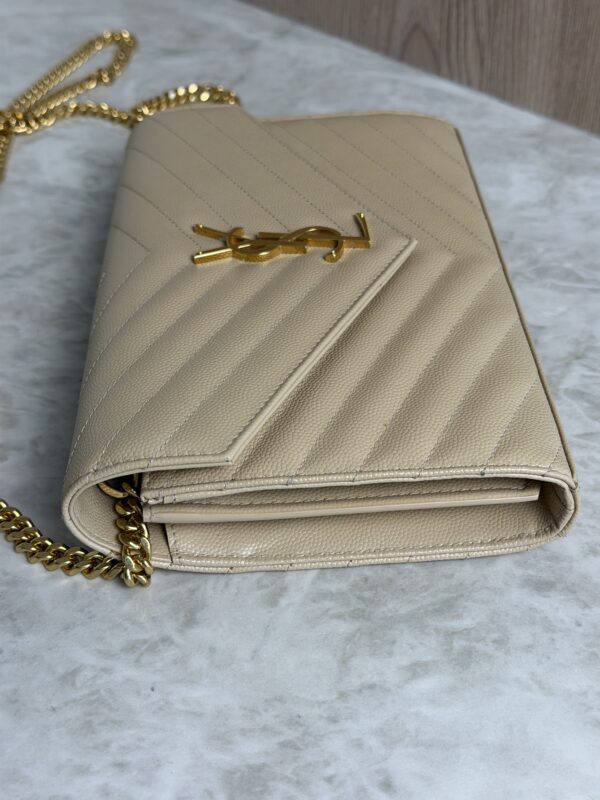 Saint Laurent Large Envelope Quilted Leather Chain Wallet Beige and Gold Hardware