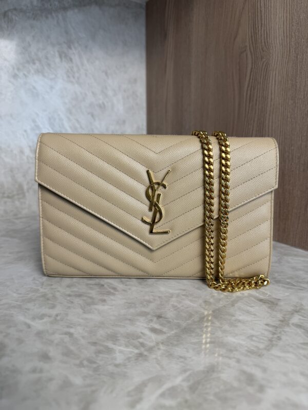 Saint Laurent Large Envelope Quilted Leather Chain Wallet Beige and Gold Hardware