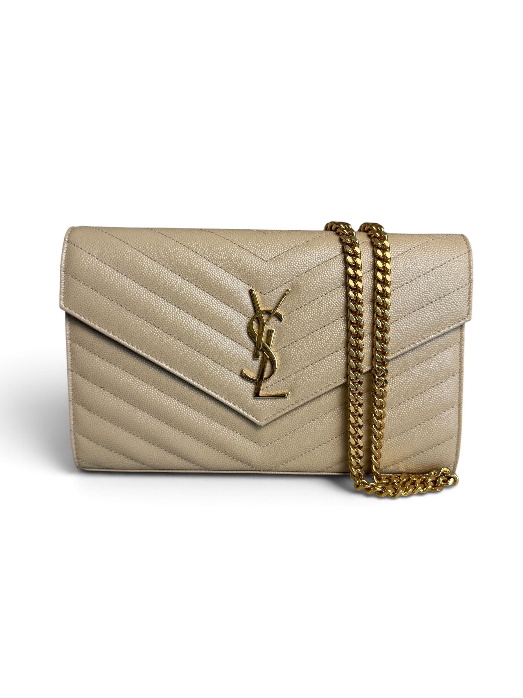 Saint Laurent Large Envelope Quilted Leather Chain Wallet Beige and Gold Hardware