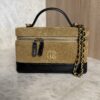 Chanel Suede Calfskin Shiny Lambskin Stitched Top Handle Slim Vanity Case With Chain Beige Black